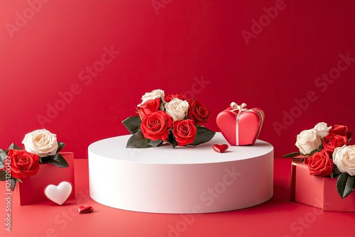A podium with roses and heart-shaped gift boxes on a red background for product presentation, a mockup template design graphic element, a flat lay, front view. A Valentine's Day concept.
