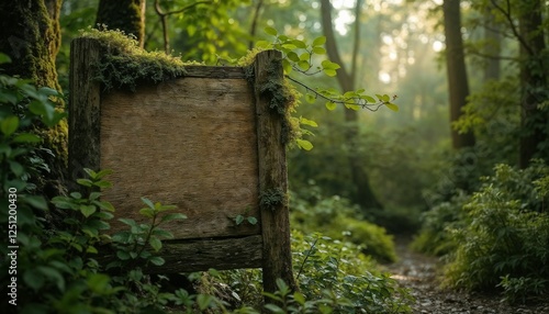 Obraz na płótnie Moss-covered wooden sign in lush forest, tranquil atmosphere and winding path, copy space w salonie