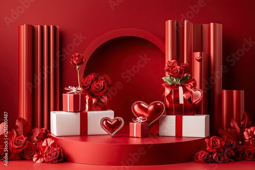 A podium with roses and heart-shaped gift boxes on a red background for product presentation, a mockup template design graphic element, a flat lay, front view. A Valentine's Day concept.