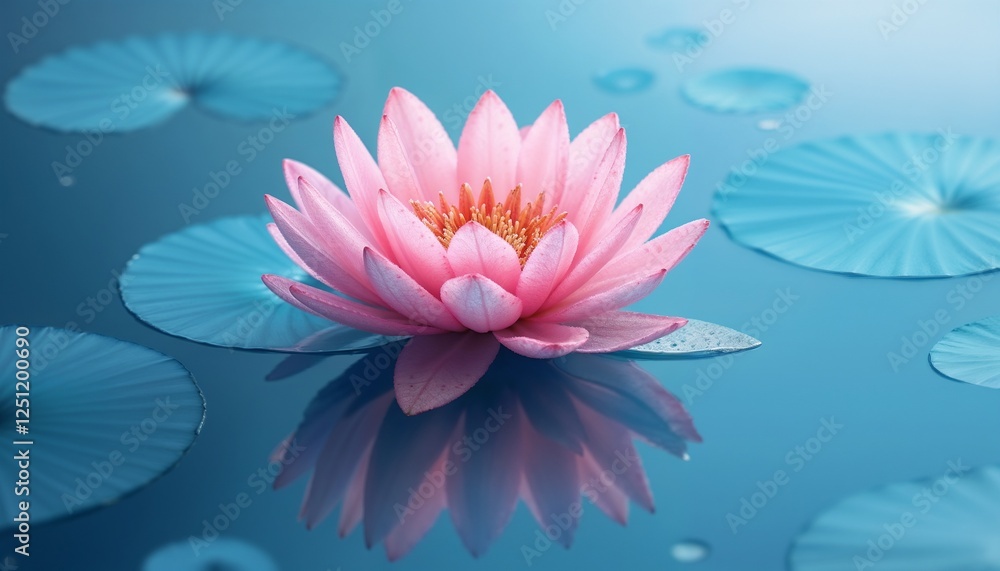 Pink water lily floating on calm water surface, serene atmosphere with lily pads, macro photography