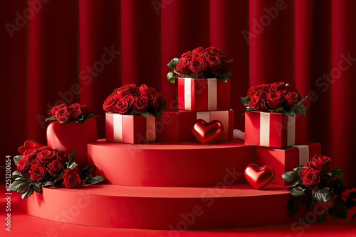 A podium with roses and heart-shaped gift boxes on a red background for product presentation, a mockup template design graphic element, a flat lay, front view. A Valentine's Day concept.