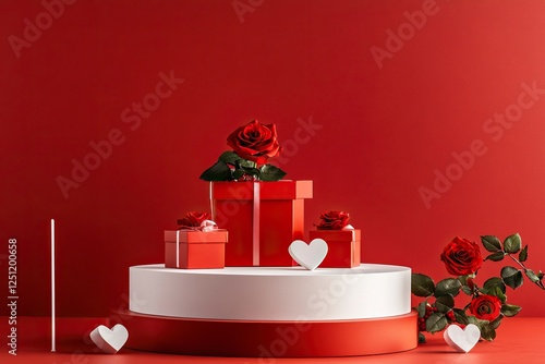 A podium with roses and heart-shaped gift boxes on a red background for product presentation, a mockup template design graphic element, a flat lay, front view. A Valentine's Day concept.