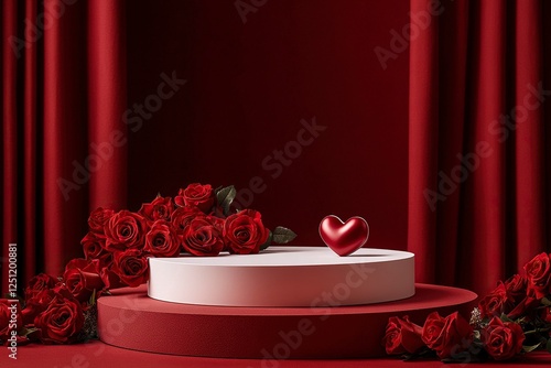 A podium with roses and heart-shaped gift boxes on a red background for product presentation, a mockup template design graphic element, a flat lay, front view. A Valentine's Day concept.