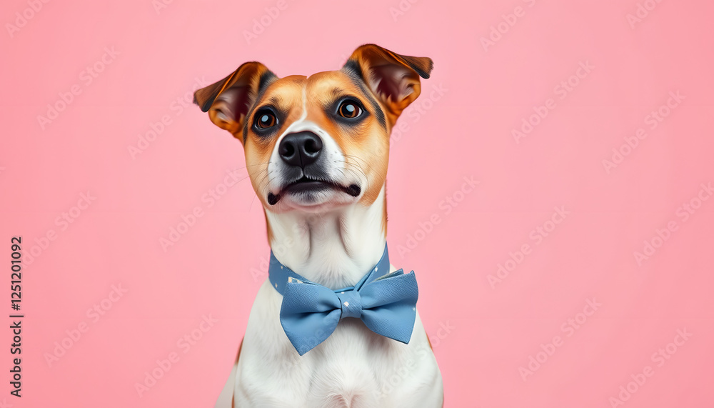 A dapper Jack Russell Terrier in a vivid bow tie, against a soft pink studio background. Its expression is attentive and poised, highlighting its affable personality, vintage. with white shades A dapper Jack Russell Terrier in a vivid bow tie, against a soft pink studio background. Its expression is attentive and poised, highlighting its affable personality, vintage. with white shades