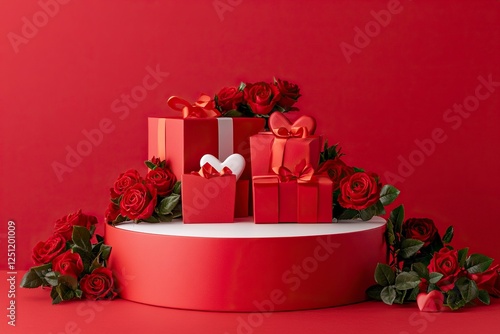 A podium with roses and heart-shaped gift boxes on a red background for product presentation, a mockup template design graphic element, a flat lay, front view. A Valentine's Day concept.
