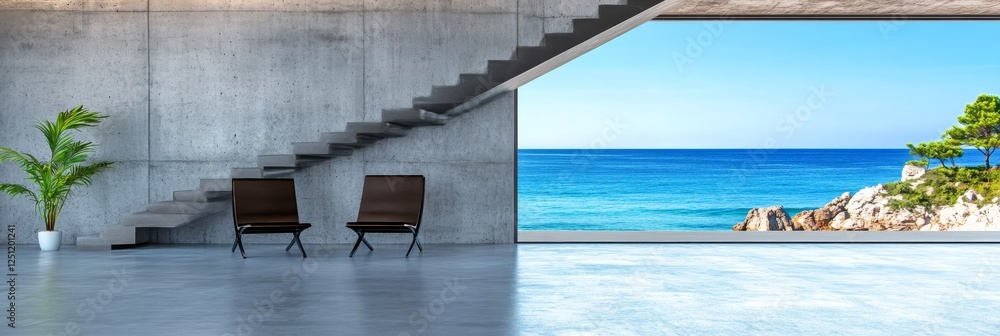Fototapeta premium Coastal Concrete Living Room View - Modern minimalist interior design, concrete walls, floating staircase, ocean view, tranquil atmosphere. Symbolizes serenity, luxury, escape, modern architecture