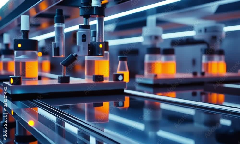 High-Tech Laboratory Featuring Illuminated Vials And Advanced Equipment In Cool Tones High-Tech Laboratory Featuring Illuminated Vials And Advanced Equipment In Cool Tones