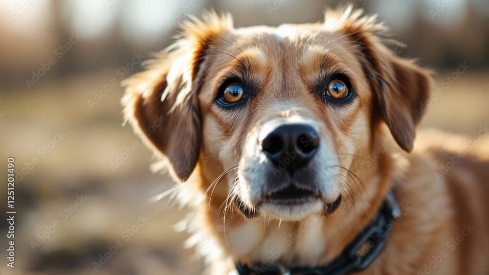 Golden retriever with bright eyes and collar in sunlit outdoor setting Golden retriever with bright eyes and collar in sunlit outdoor setting