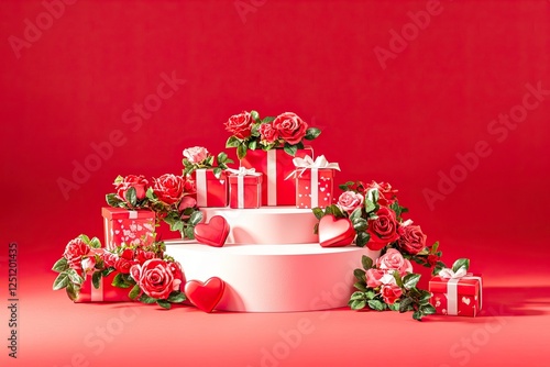 A podium with roses and heart-shaped gift boxes on a red background for product presentation, a mockup template design graphic element, a flat lay, front view. A Valentine's Day concept.