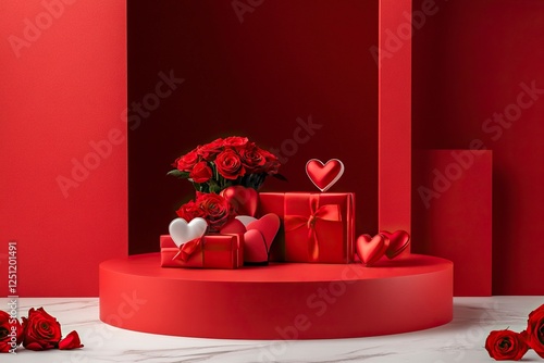 A podium with roses and heart-shaped gift boxes on a red background for product presentation, a mockup template design graphic element, a flat lay, front view. A Valentine's Day concept.