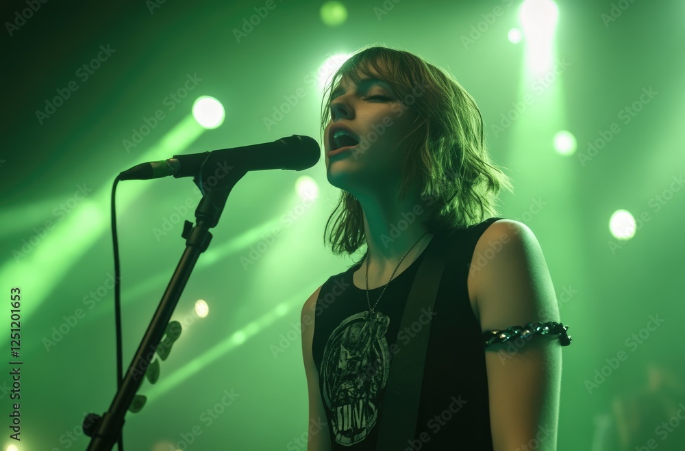 a female bass player in a black leather dress playing on stage at an outdoor concert, with green and blue lighting a female bass player in a black leather dress playing on stage at an outdoor concert, with green and blue lighting