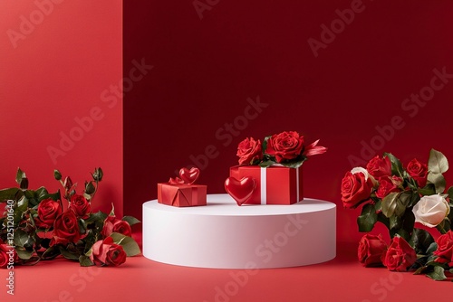 A podium with roses and heart-shaped gift boxes on a red background for product presentation, a mockup template design graphic element, a flat lay, front view. A Valentine's Day concept.