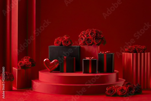 A podium with roses and heart-shaped gift boxes on a red background for product presentation, a mockup template design graphic element, a flat lay, front view. A Valentine's Day concept.
