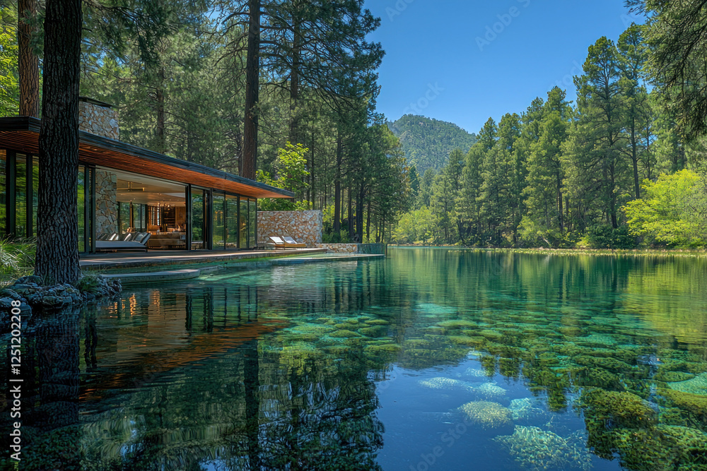 Obraz premium Lakeside retreat with infinity pool nestled in a tranquil forest setting, perfect for relaxation