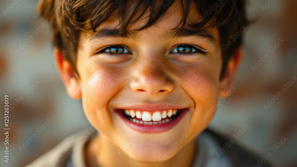 Smiling caucasian child with brown hair and bright blue eyes front view close-up Smiling caucasian child with brown hair and bright blue eyes front view close-up