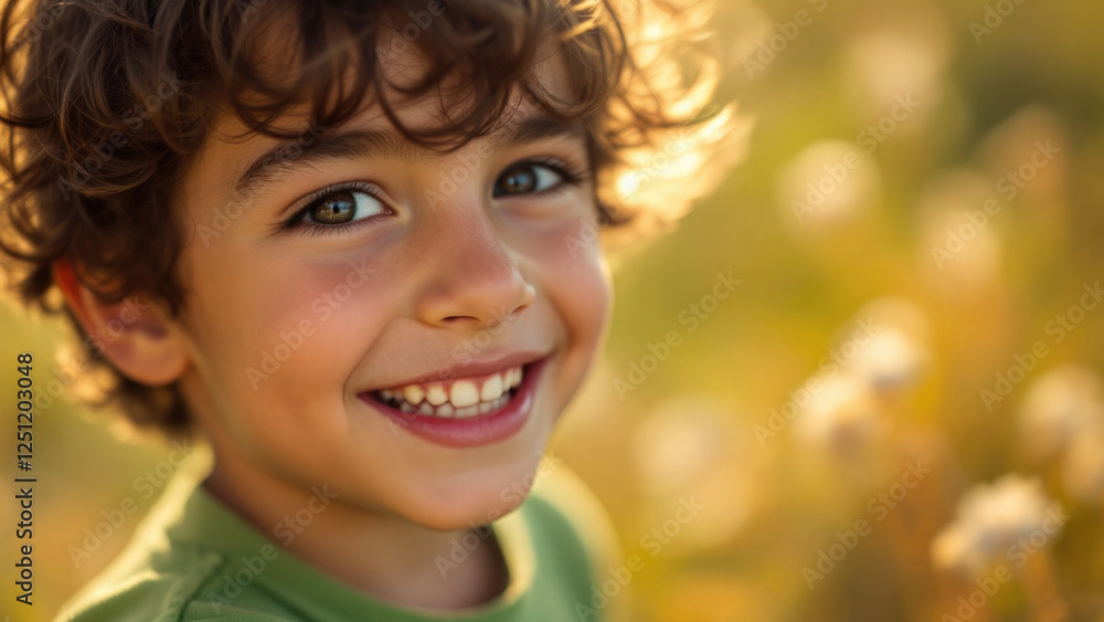 Smiling caucasian child with curly hair in sunlit field Smiling caucasian child with curly hair in sunlit field