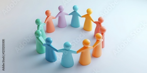 teamwork and unity collaboration 3D concept. Colorful figures holding hands in a circle on a light background.