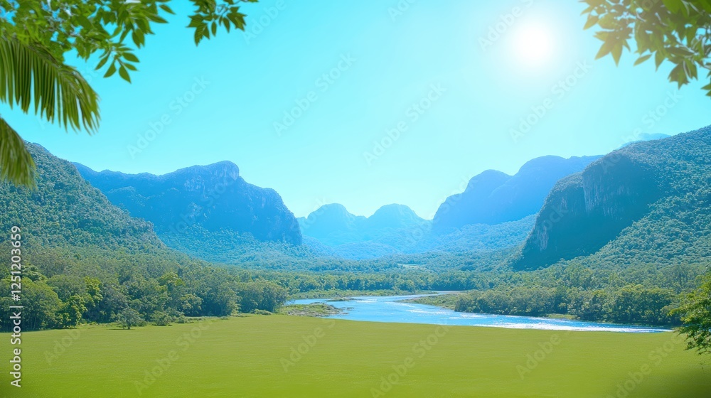Serene landscape with mountains, river, and clear blue sky. Serene landscape with mountains, river, and clear blue sky.
