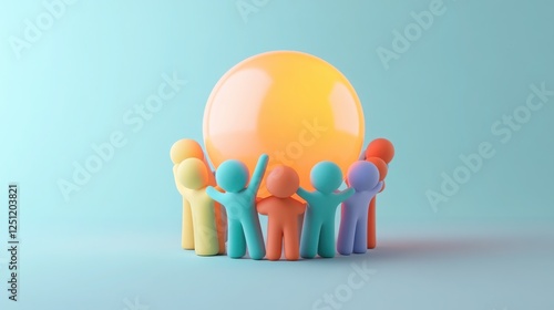 teamwork and unity collaboration 3D concept. Colorful figures surrounding a glowing sphere on a pastel background.
