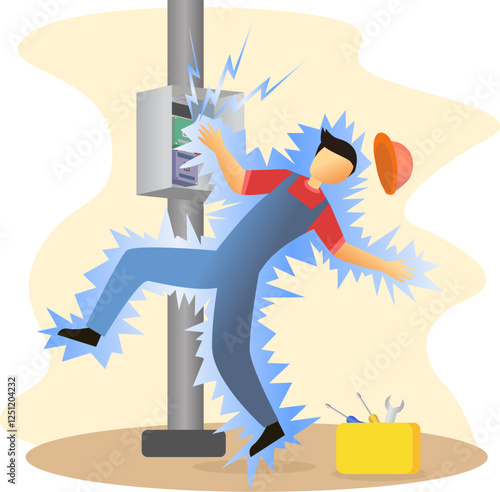 worker electrocuted while repairing a power pole illustration, accident at work, hazard job, industrial safety concept