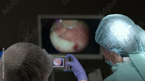 Surgeons are closely observing an endoscopic procedure displayed on a monitor screen