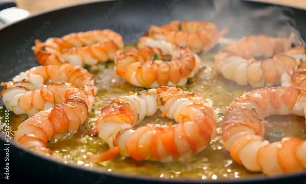 Close-up shot of shrimp rings sizzling in a pan with oil and herbs. The camera focuses on the shrimp's texture and color as they cook, creating a mouthwatering visual. Close-up shot of shrimp rings sizzling in a pan with oil and herbs. The camera focuses on the shrimp's texture and color as they cook, creating a mouthwatering visual.