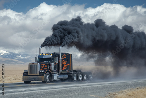 A big rig truck billows huge black smoke.