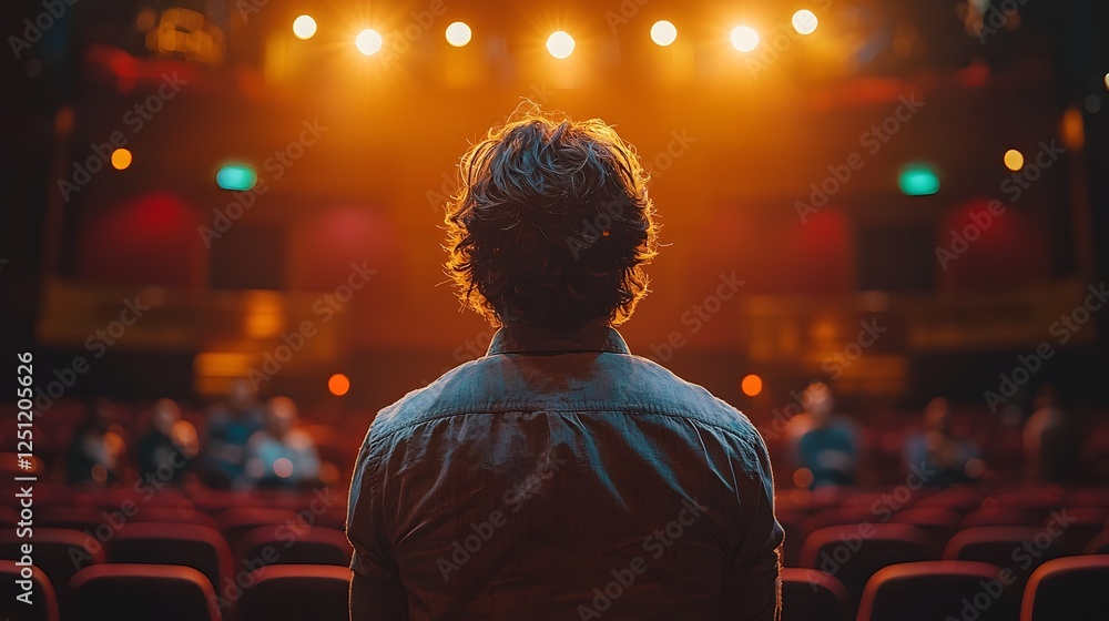Fototapeta premium Actor performing on a theater stage under dramatic spotlights with a blurred audience in the