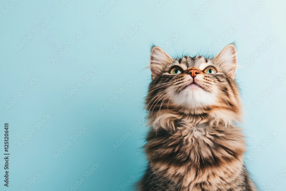 Fluffy Tabby Cat Looking Up Against a Soft Blue Background with Intense Green Eyes Fluffy Tabby Cat Looking Up Against a Soft Blue Background with Intense Green Eyes