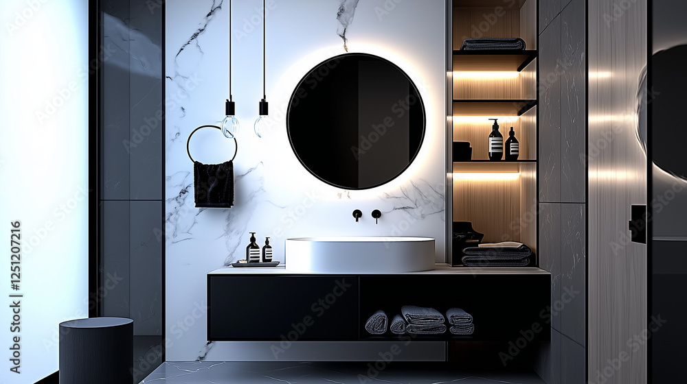 Modern 3D rendering of a double sink vanity with a black shelf and cabinet in a luxurious bathroom. Marble wall, white floor tiles, and a light box above the mirror enhance the contemporary interior d Modern 3D rendering of a double sink vanity with a black shelf and cabinet in a luxurious bathroom. Marble wall, white floor tiles, and a light box above the mirror enhance the contemporary interior d