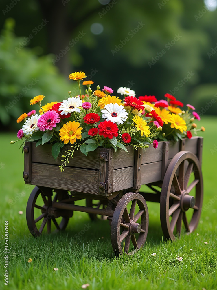 A Beautiful Old Wooden Cart Is Filled With Vibrant Flowers On A Lush Green Lawn Outside. 00002 A Beautiful Old Wooden Cart Is Filled With Vibrant Flowers On A Lush Green Lawn Outside. 00002
