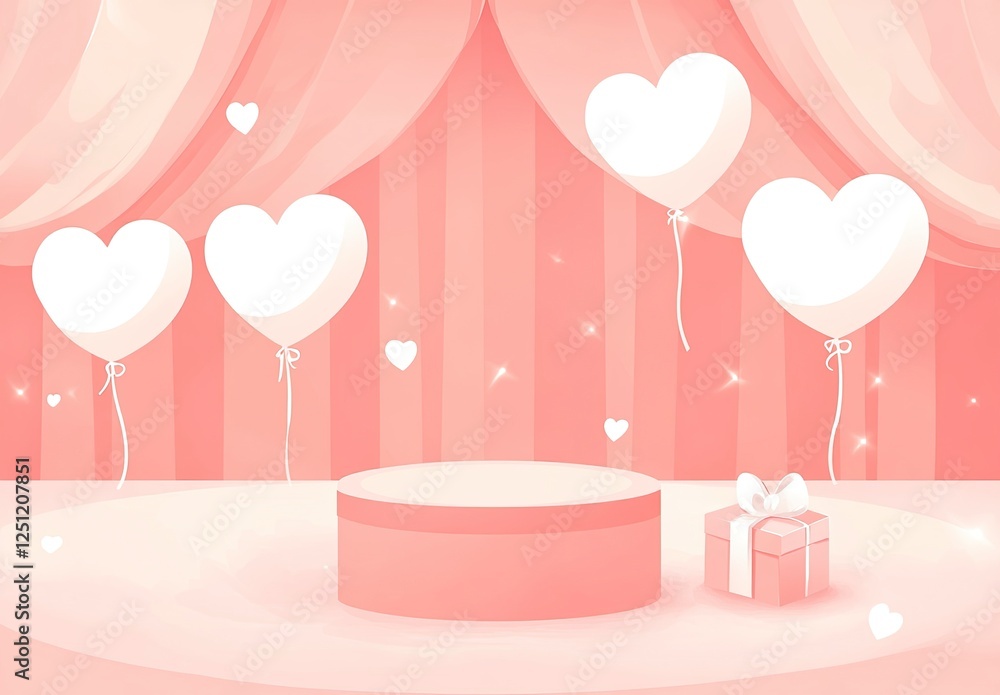 A vector background for Valentine's Day with a podium, in a pink color, and white heart-shaped balloons hanging on the right side of the stage. There is a gift box in front of it. A vector background for Valentine's Day with a podium, in a pink color, and white heart-shaped balloons hanging on the right side of the stage. There is a gift box in front of it.