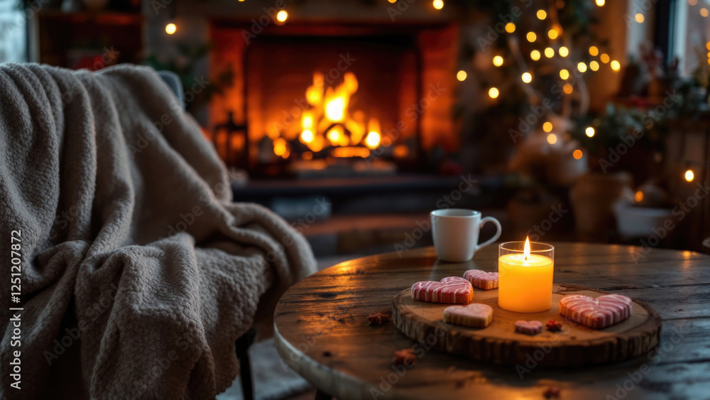 Cozy living room with fireplace and candlelit ambiance during winter evening. The 14th of February. Happy Valentine's Day Cozy living room with fireplace and candlelit ambiance during winter evening. The 14th of February. Happy Valentine's Day