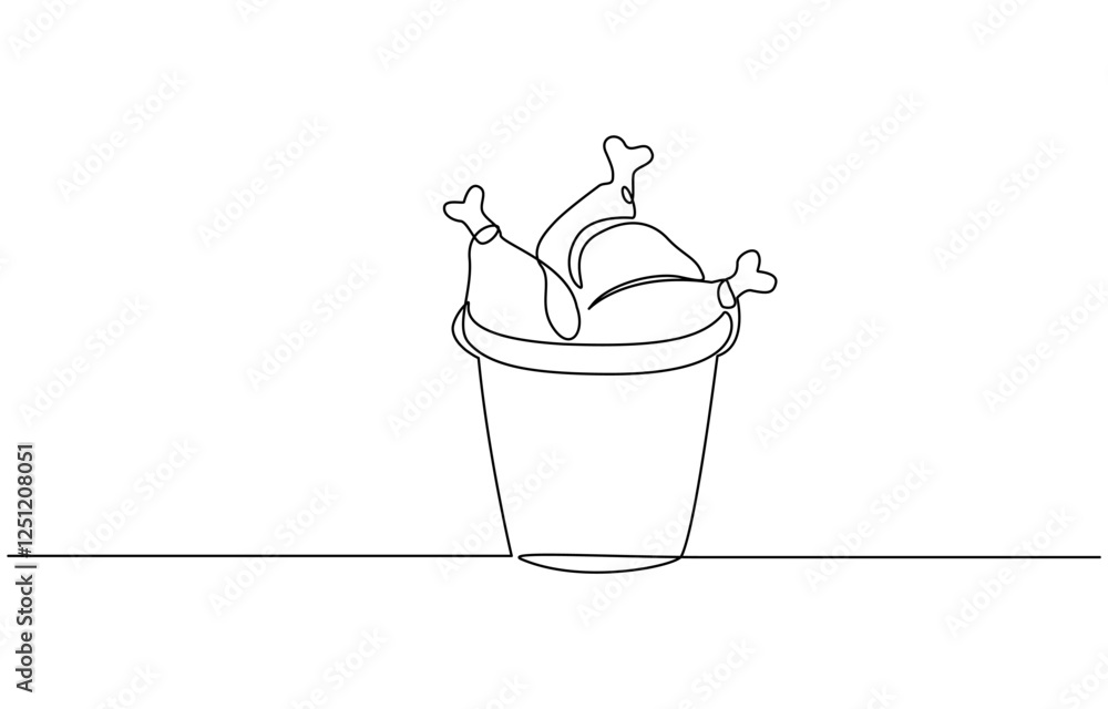 Fried crispy chicken legs, drumsticks in craft paper box vector one line continuous drawing, One continuous line draw hot delicious American fried chickens on basket restaurant logo emblem. Fried crispy chicken legs, drumsticks in craft paper box vector one line continuous drawing, One continuous line draw hot delicious American fried chickens on basket restaurant logo emblem.