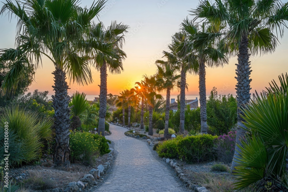 Typical summer background. Palm trees with an orange sunset in the background. Typical summer background. Palm trees with an orange sunset in the background.