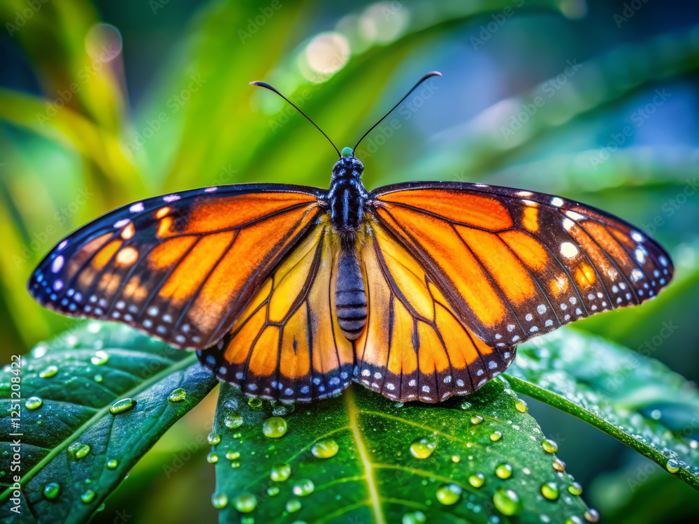vibrant monarch butterfly with iridescent wings rests on green leaf adorned with droplets vibrant monarch butterfly with iridescent wings rests on green leaf adorned with droplets