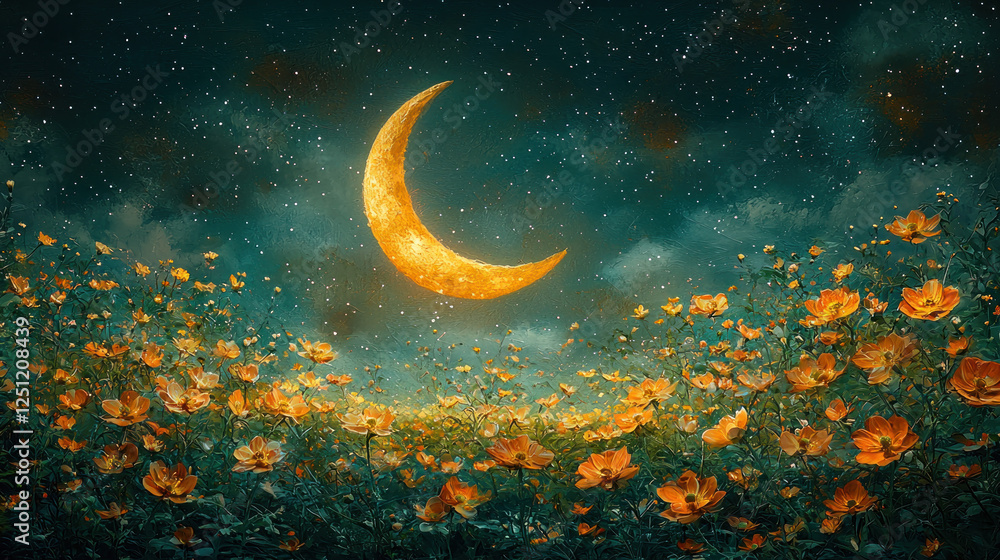 Fototapeta premium Crescent moon over a field of orange cosmos flowers at night