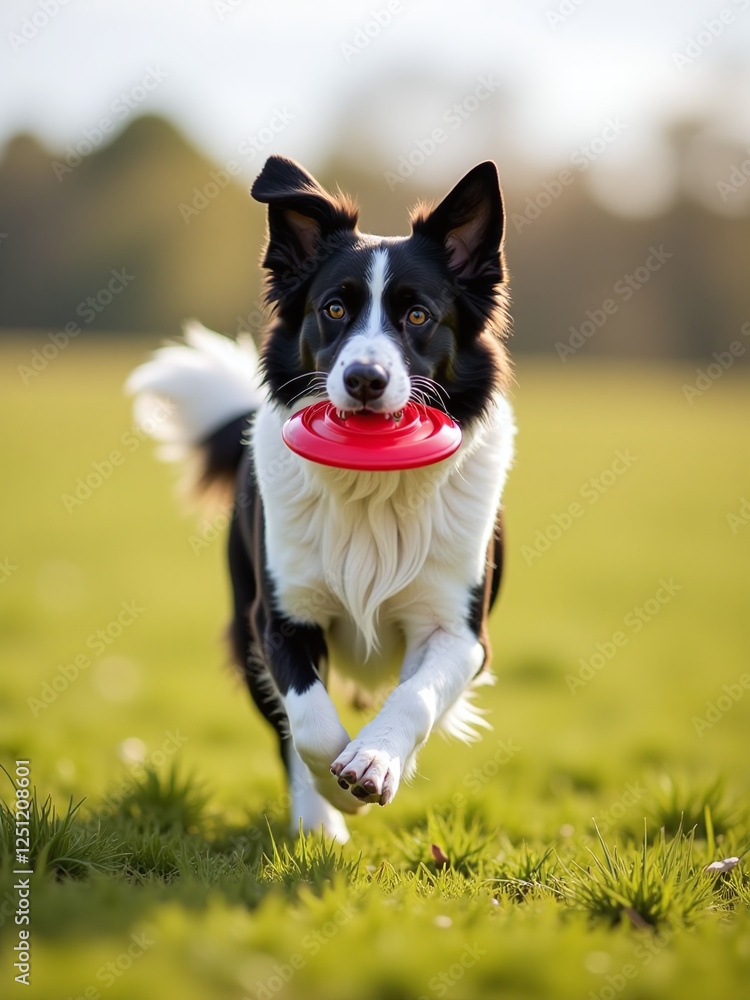 A Border Collie Dog Runs Quickly Outdoors While Playing Fetch With A Red Plastic Flying Disc In The Open Field Freely. 00001 A Border Collie Dog Runs Quickly Outdoors While Playing Fetch With A Red Plastic Flying Disc In The Open Field Freely. 00001