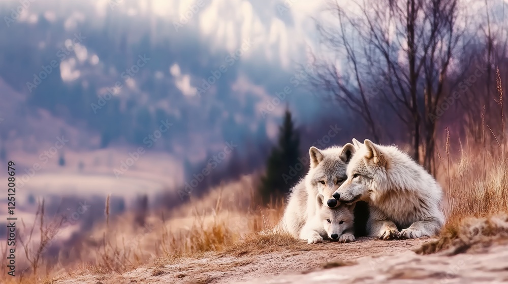 Three wolves resting together in a serene natural landscape. Three wolves resting together in a serene natural landscape.