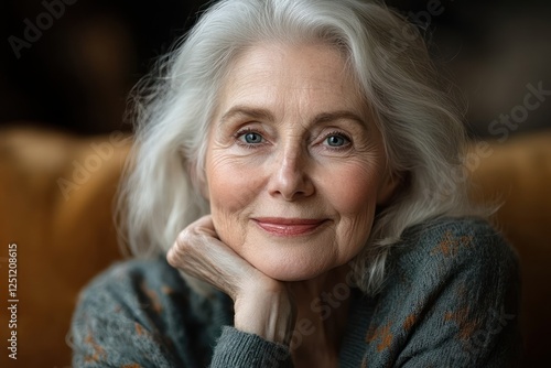 Wallpaper Mural Serene portrait of elderly woman with white hair in warm light thoughtful expression close up happy cheerful beautiful appearance Torontodigital.ca
