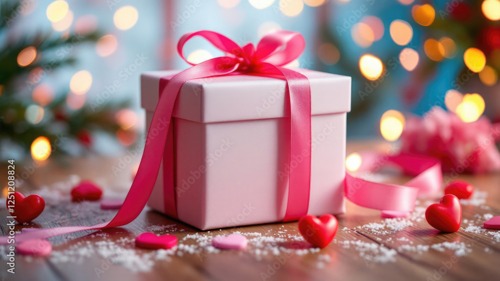 Obraz premium Festive pink ribbon gift box with hearts on wooden table during holiday season. The 14th of February. Happy Valentine's Day