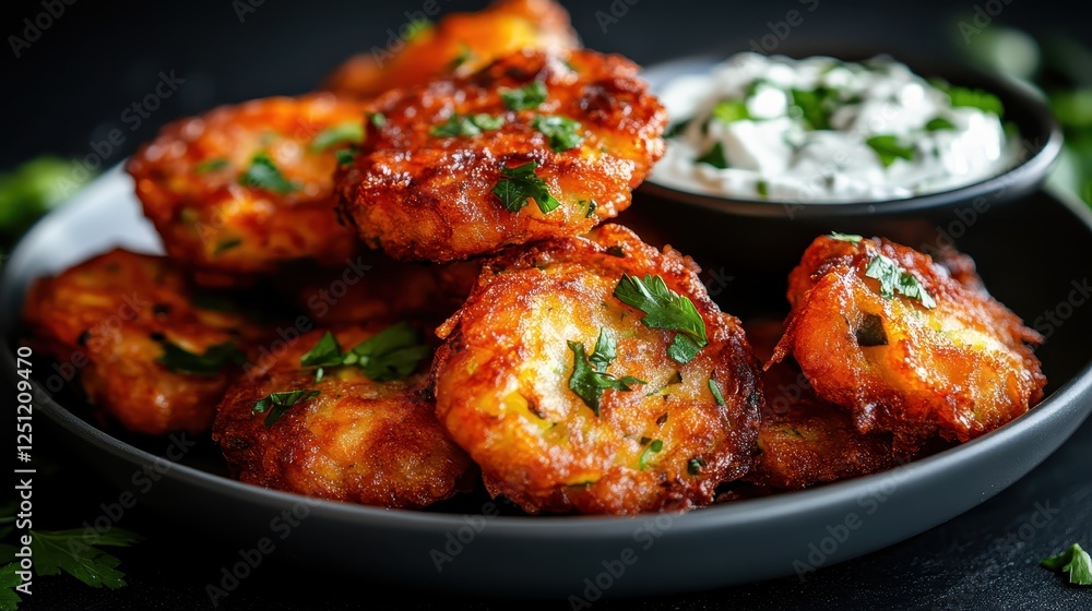 Appealing crispy fried snacks beautifully piled and served with a flavorful dipping sauce, capturing the spirit of communal dining and casual enjoyment of food. Appealing crispy fried snacks beautifully piled and served with a flavorful dipping sauce, capturing the spirit of communal dining and casual enjoyment of food.