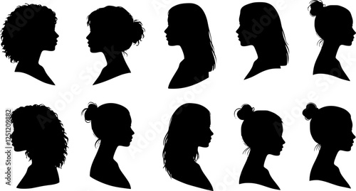 a sign of several female silhouettes in profile. vector on isolated background. turn. number. diversity young women for poster or text