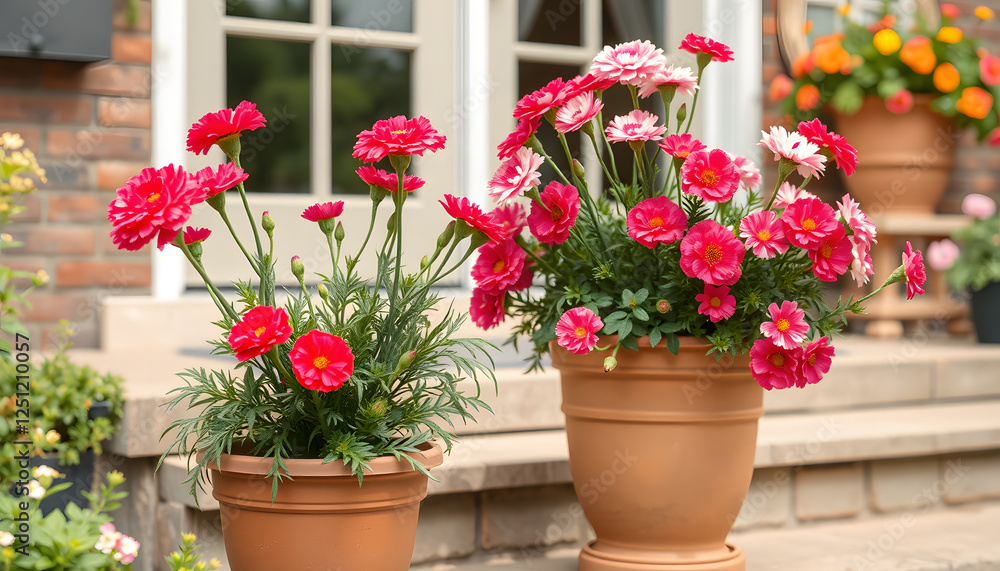 Fototapeta premium Garden carnations in a flowerpot on the steps of the house, leisure activity and calm lifestyle concept, vector style. with white shades
