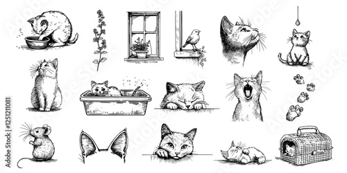 cat illustrations collection black vector decorative sketch for engraving