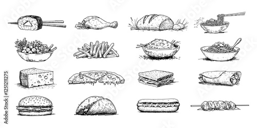 variety of food dishes collection black vector decorative sketch
