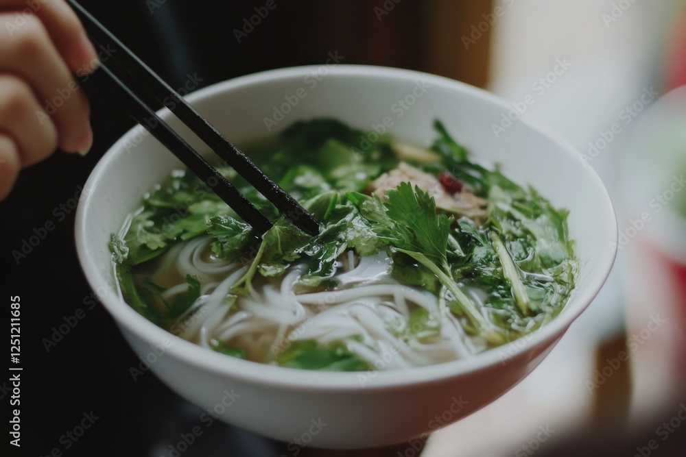 Savoring authentic pho with chopsticks local vietnamese restaurant food photography cozy eatery close-up shot culinary delight Savoring authentic pho with chopsticks local vietnamese restaurant food photography cozy eatery close-up shot culinary delight
