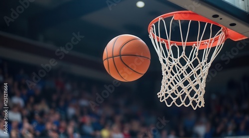 A basketball is in mid-air, heading towards the hoop, with a cheering crowd visible in the background, capturing the excitement of the game.