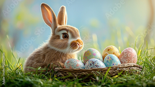 Bunny with Easter eggs in a nest in spring grass