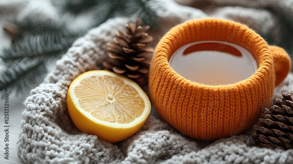 An orange pullover, tea with lemon, and pine cones are arranged on a white background with copyspace. An orange pullover, tea with lemon, and pine cones are arranged on a white background with copyspace.